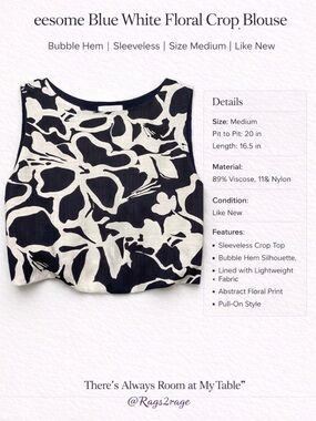 Eesome Blue White Floral Crop Blouse Bubble Hem Sleeveless Medium